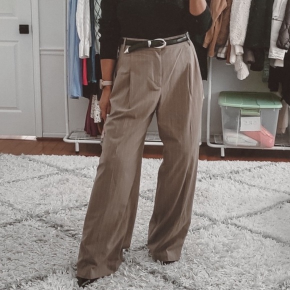 Zara Tan White Pinstripe Medium Waisted Mid Rise Wide Leg Pants Trousers - Picture 12 of 13